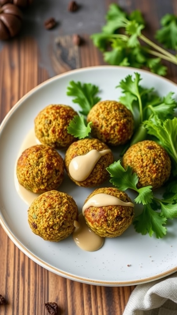 A plate of baked falafel balls garnished with tahini sauce and fresh herbs.