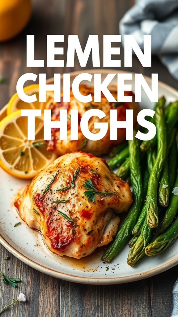 Baked Lemon Herb Chicken Thighs with lemon slices and green beans