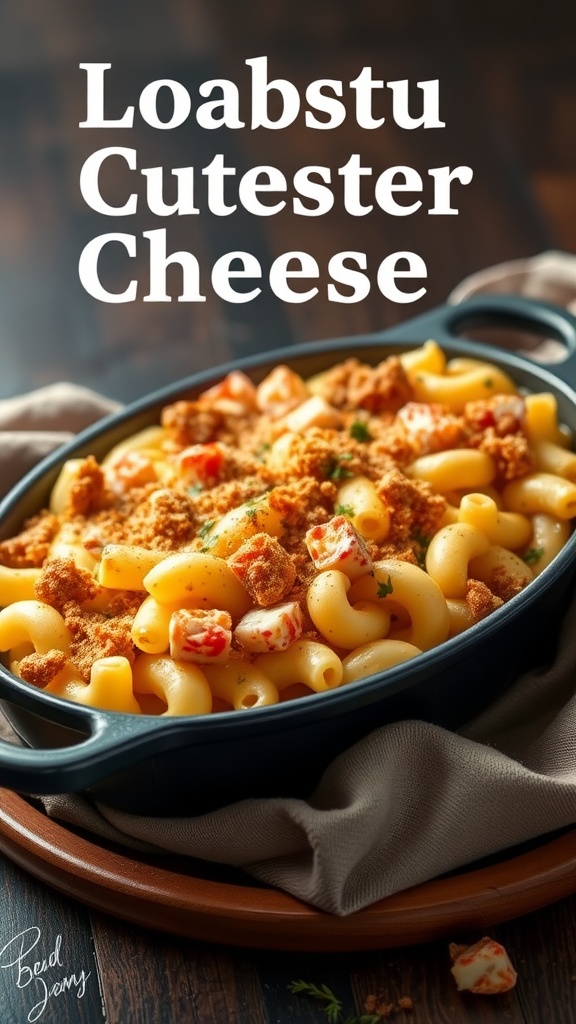 A delicious serving of baked lobster mac and cheese with a crispy breadcrumb topping.