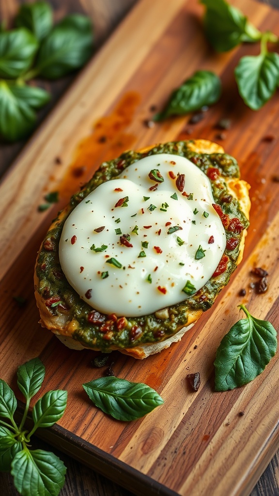 Baked pesto chicken topped with mozzarella cheese