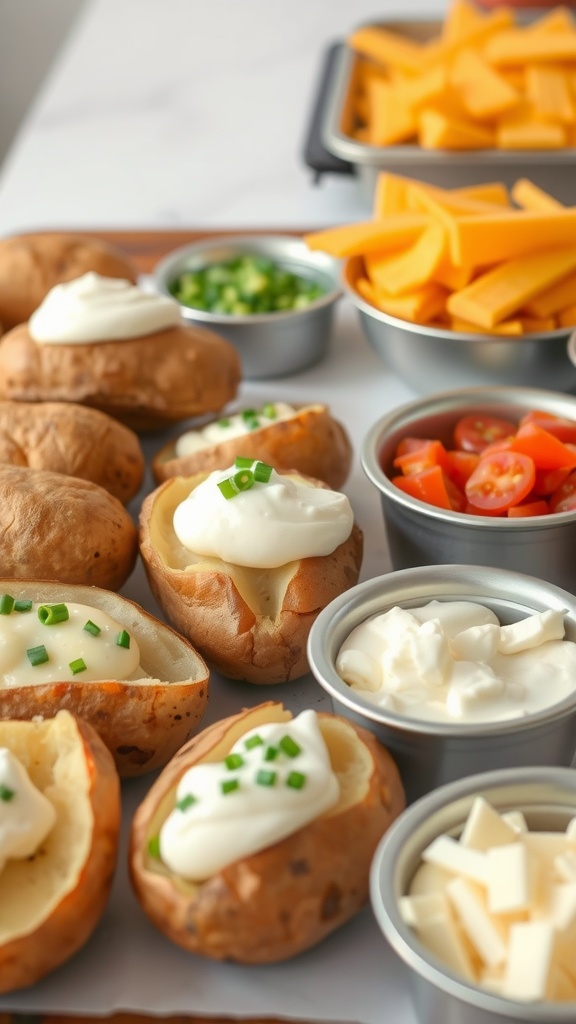 A spread of baked potatoes with various toppings including sour cream, cheese, green onions, and diced tomatoes.