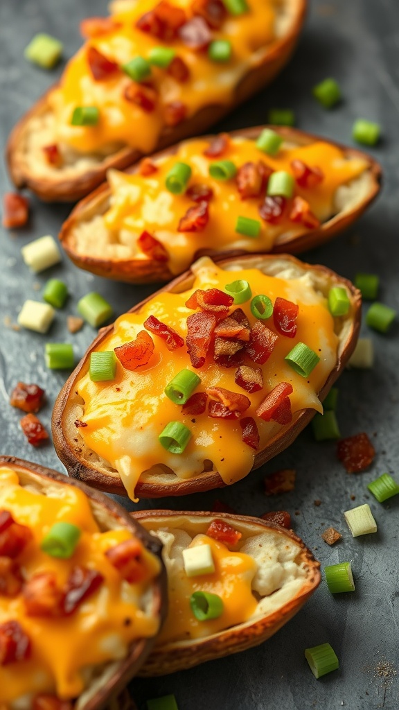 Baked potato skins topped with cheese, bacon, and green onions