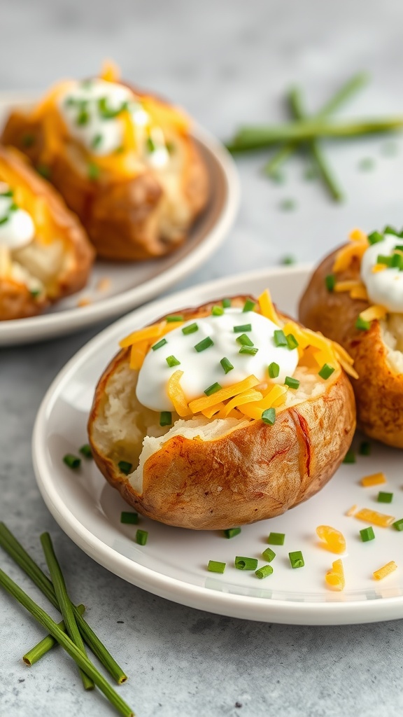 Baked potatoes topped with cheese, sour cream, and green onions
