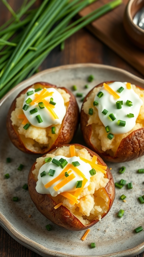 Delicious baked potatoes topped with cheese, sour cream, and chives.