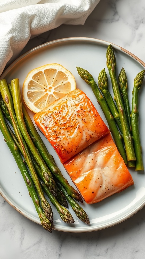 Baked salmon with asparagus and lemon on a plate