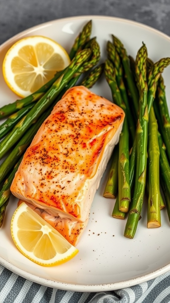 A plate of baked salmon with asparagus and lemon slices