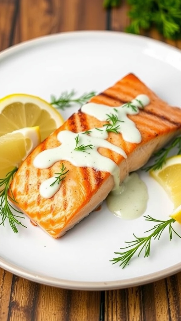 Baked salmon with a creamy dill sauce and lemon wedges on a plate
