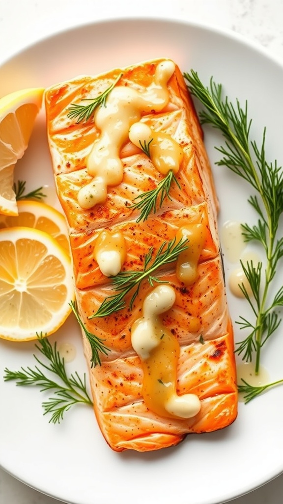 Delicious baked salmon garnished with dill and lemon