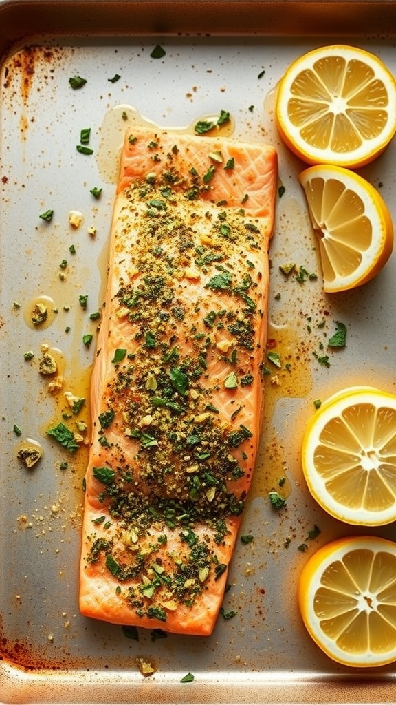 Baked salmon with garlic and herb crust garnished with lemon slices