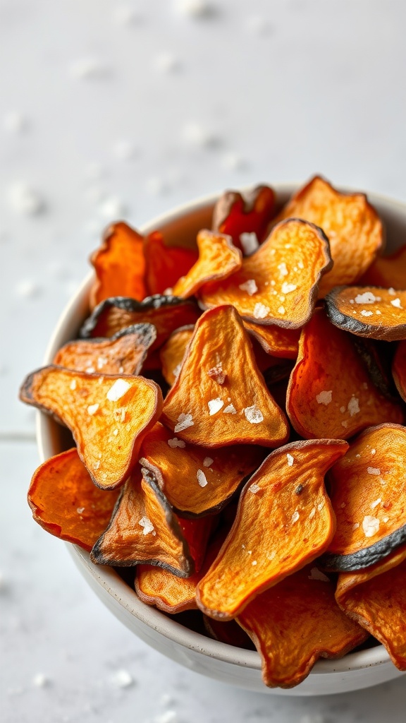 Bowl of baked sweet potato chips sprinkled with sea salt