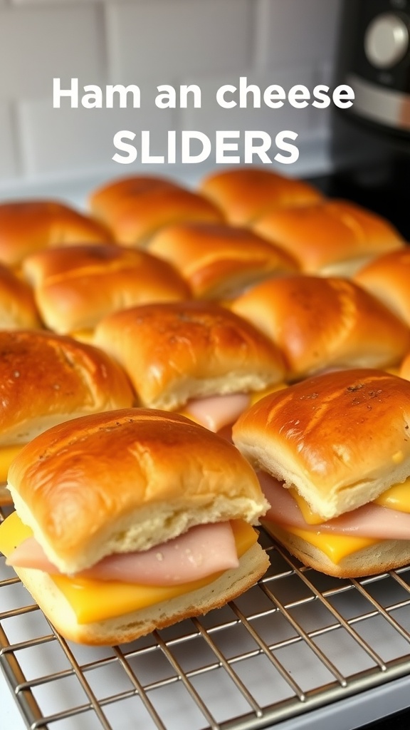 Ham and cheese sliders on a cooling rack.