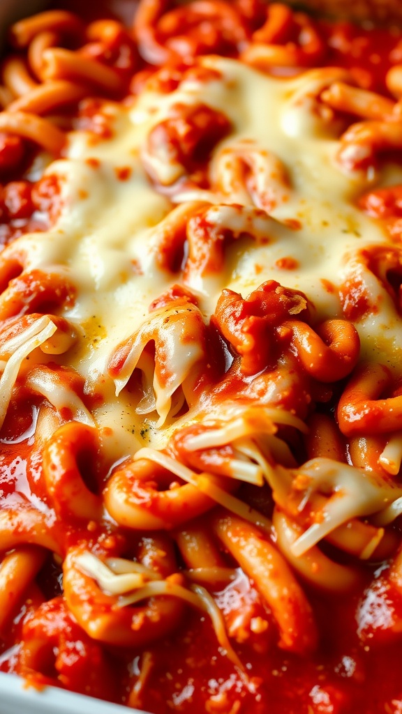 A serving of Baked Ziti with melted mozzarella cheese on top.