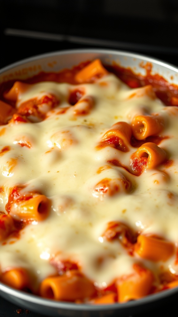 A delicious baked ziti with layers of ricotta and mozzarella cheese