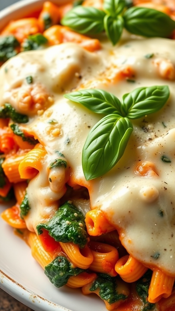 A plate of baked ziti with spinach topped with melted cheese and fresh basil.