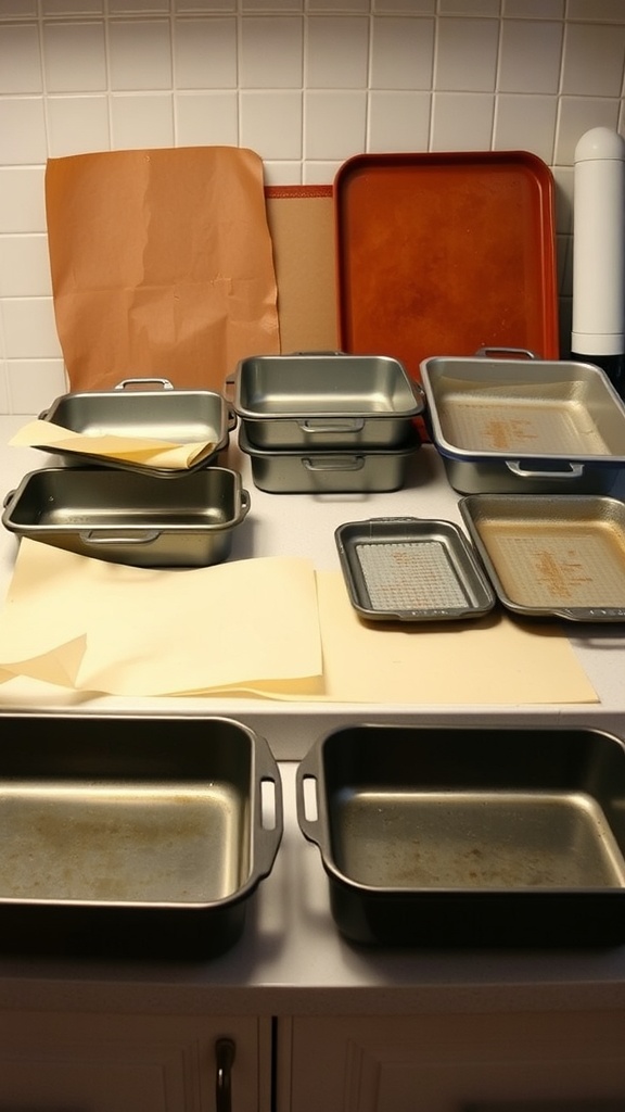 Baking essentials including various pans and liners on a kitchen counter.