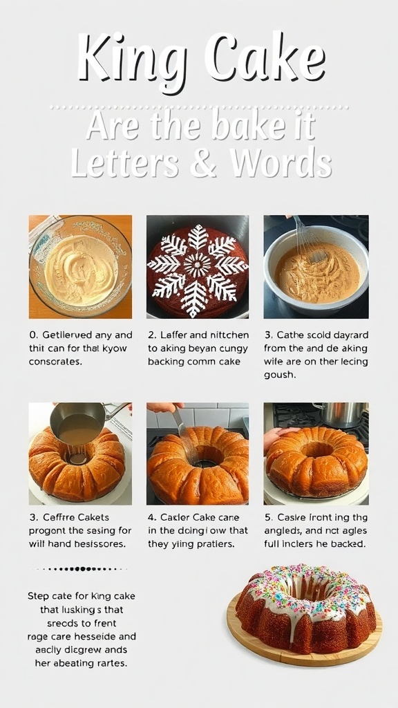 A delicious King Cake decorated with colorful icing and sprinkles, emphasizing its festive nature.