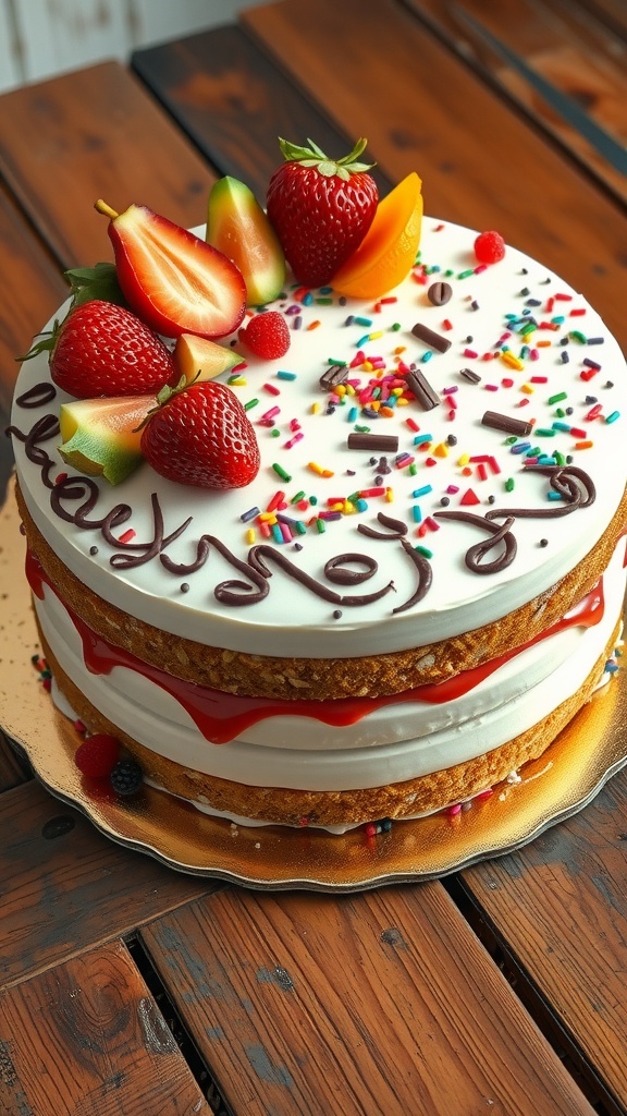 A beautifully layered Neapolitan cake with chocolate, vanilla, and strawberry layers, topped with whipped cream.