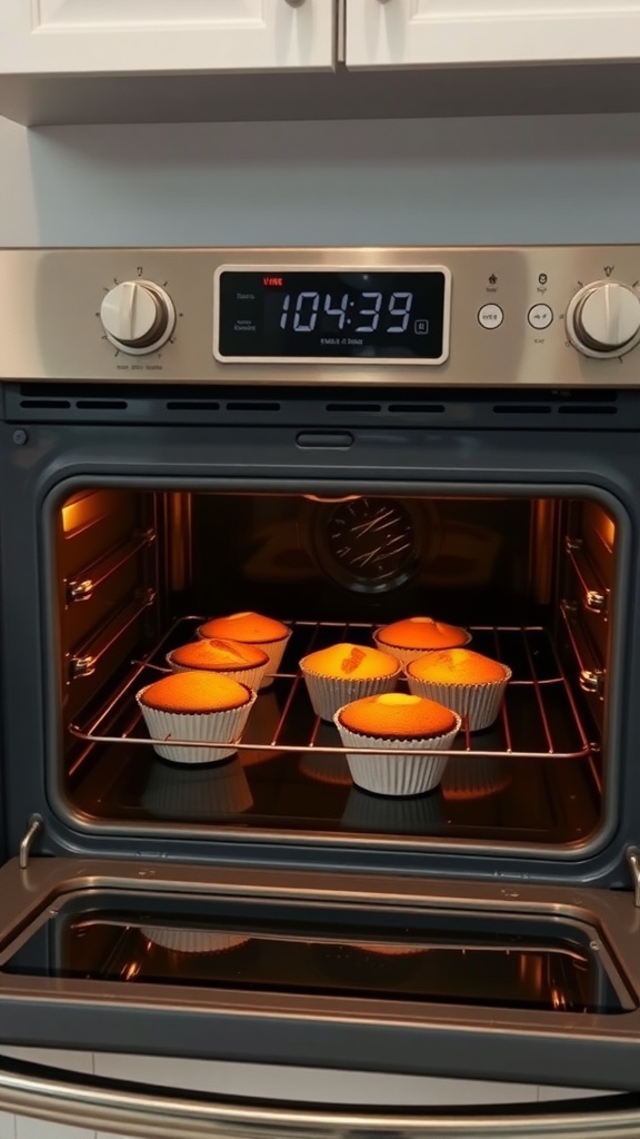 A tray of cinnamon sugar donut muffins baking in the oven