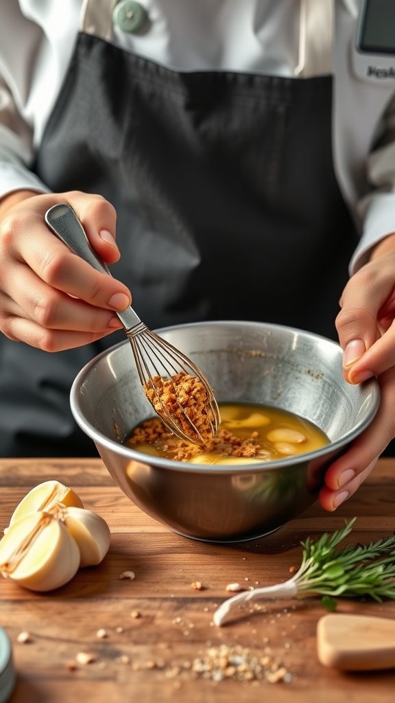 A close-up of a person whisking garlic and butter in a bowl with fresh ingredients nearby.