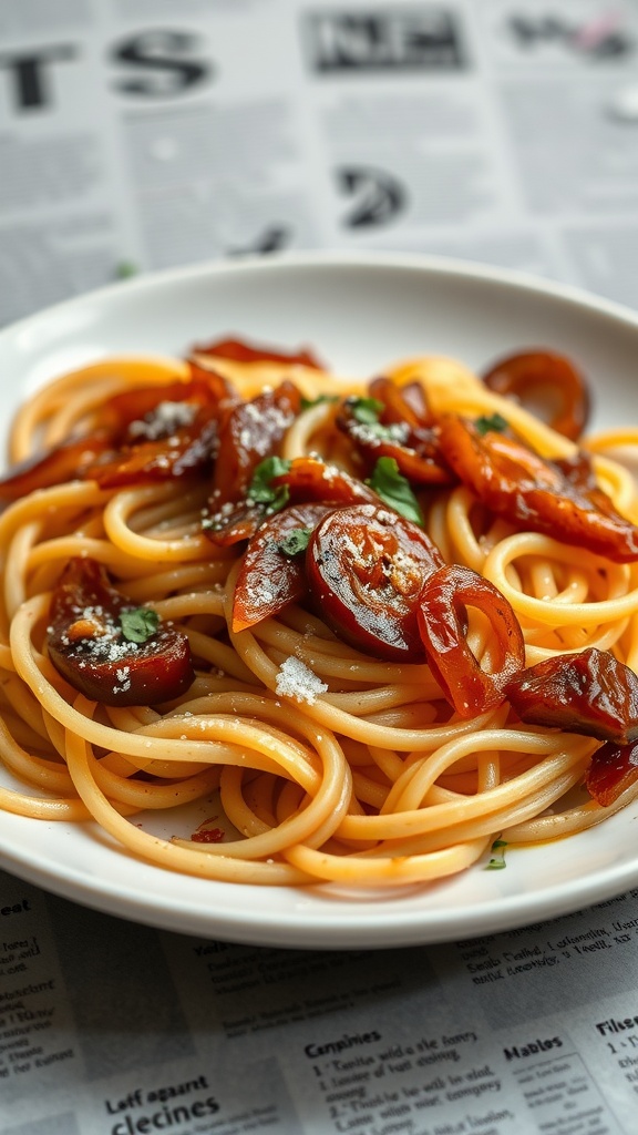 A plate of creamy vegan pasta with caramelized onions and herbs.