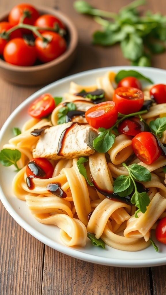 A plate of Balsamic Chicken Pasta Salad garnished with cherry tomatoes and arugula.