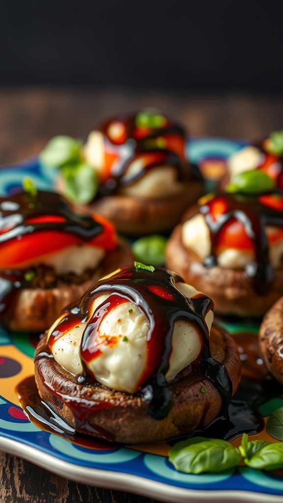 Delicious portobello mushrooms filled with mozzarella, tomatoes, and basil, drizzled with balsamic glaze
