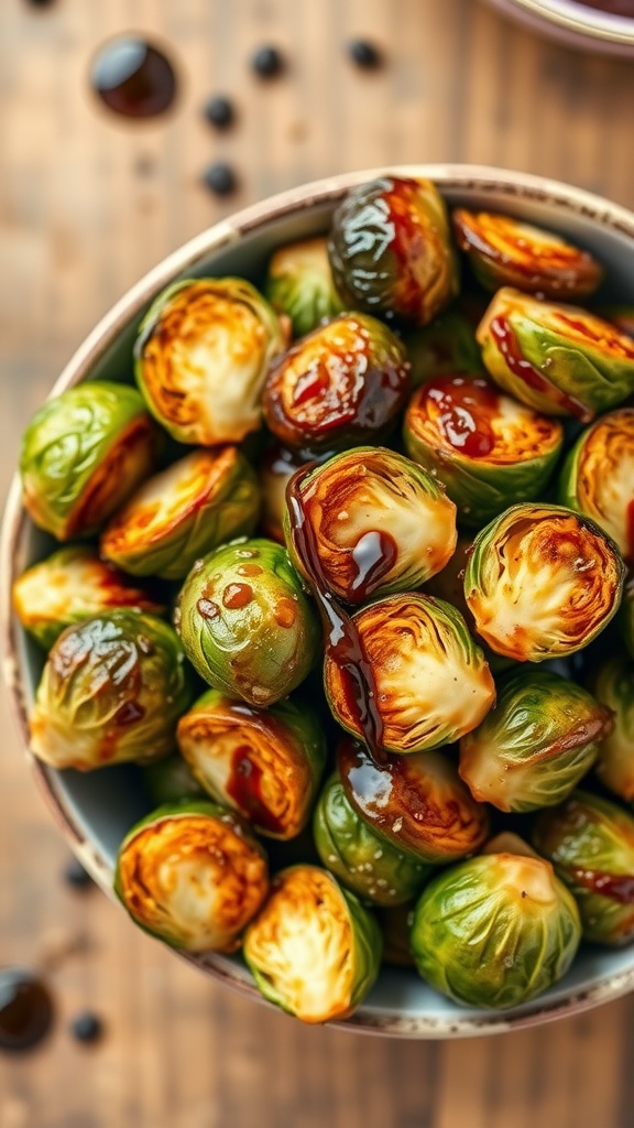 Balsamic glazed Brussels sprouts in a bowl.
