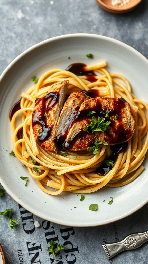 Balsamic Glazed Chicken Pasta served with spaghetti and topped with parsley.