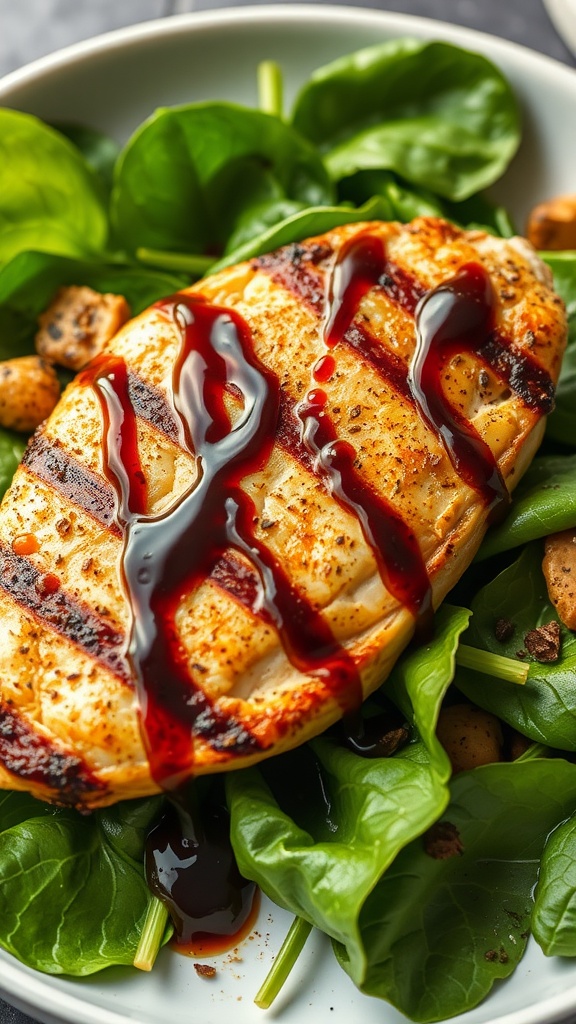 Grilled chicken breast drizzled with balsamic glaze on a bed of fresh spinach.