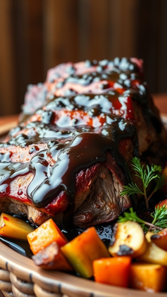 Balsamic glazed ribs served with colorful vegetables
