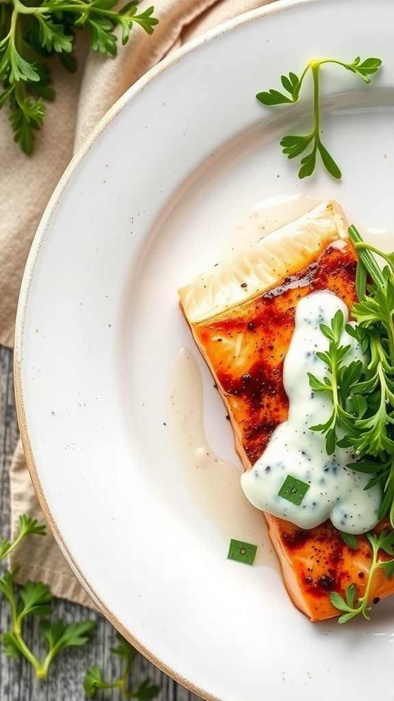 Balsamic Glazed Salmon with Creamy Dill on a plate