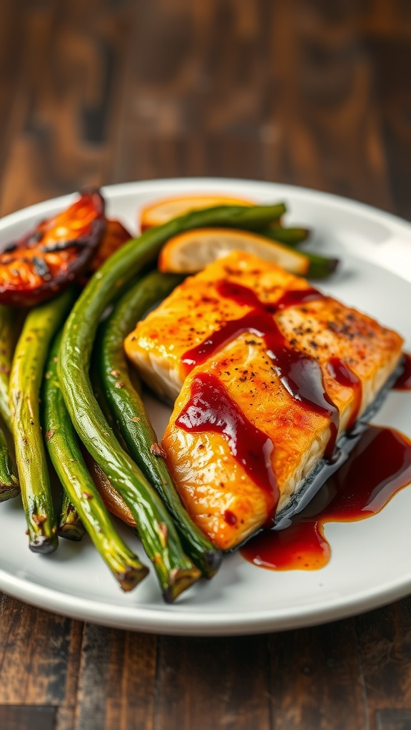 A plate of balsamic glazed salmon with green beans and red bell pepper