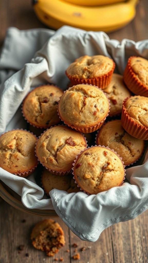 A bowl filled with freshly baked banana bread mini muffins, with a few bananas in the background.