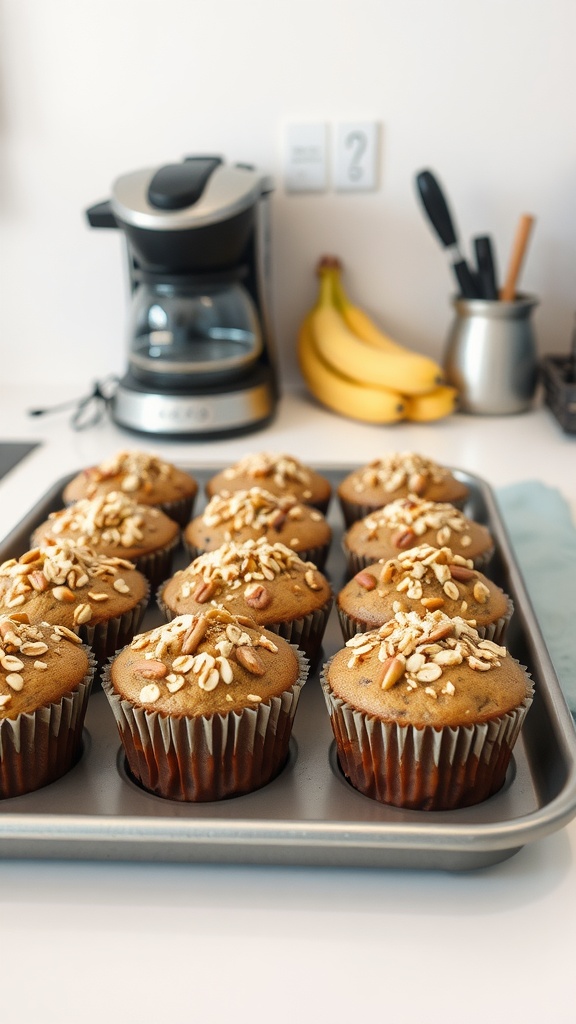 Delicious banana bread muffins topped with oats, fresh from the oven.