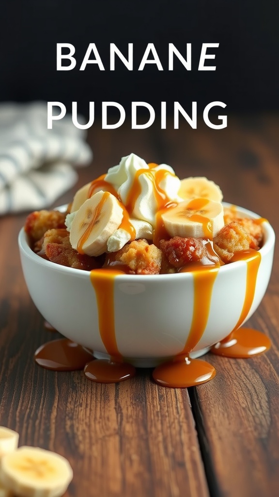 A bowl of banana pudding topped with whipped cream and caramel sauce