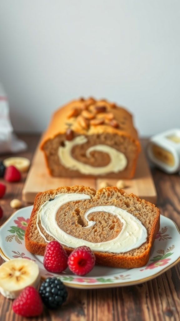 A slice of banana bread with cream cheese swirl on a floral plate, surrounded by fresh berries.