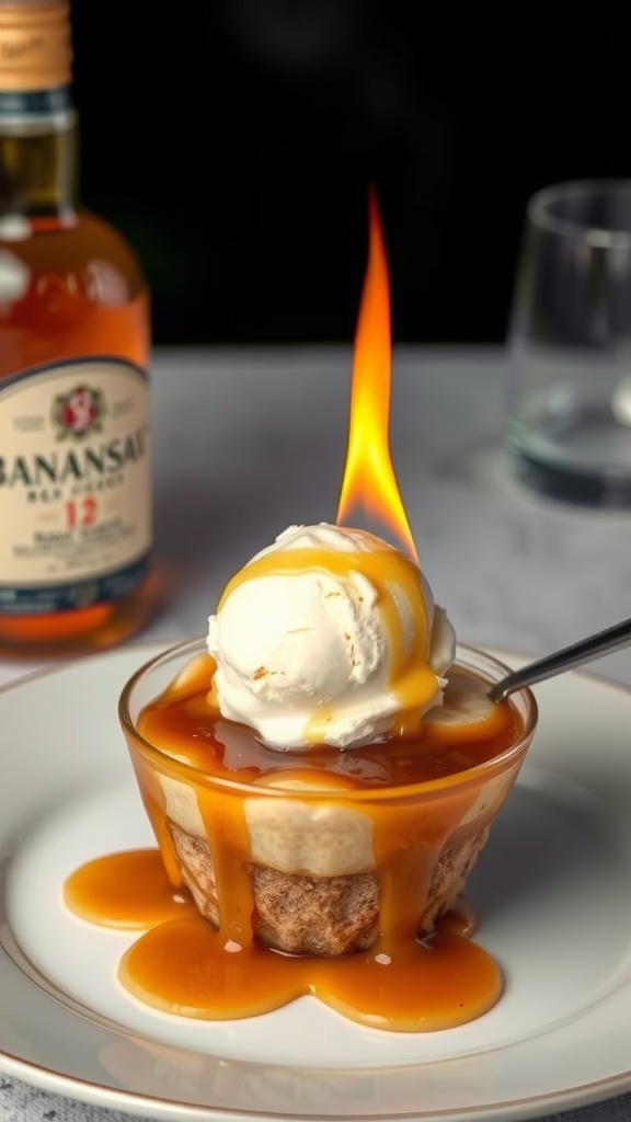 Delicious Banana Foster dessert with caramelized bananas, ice cream, and a hint of flame