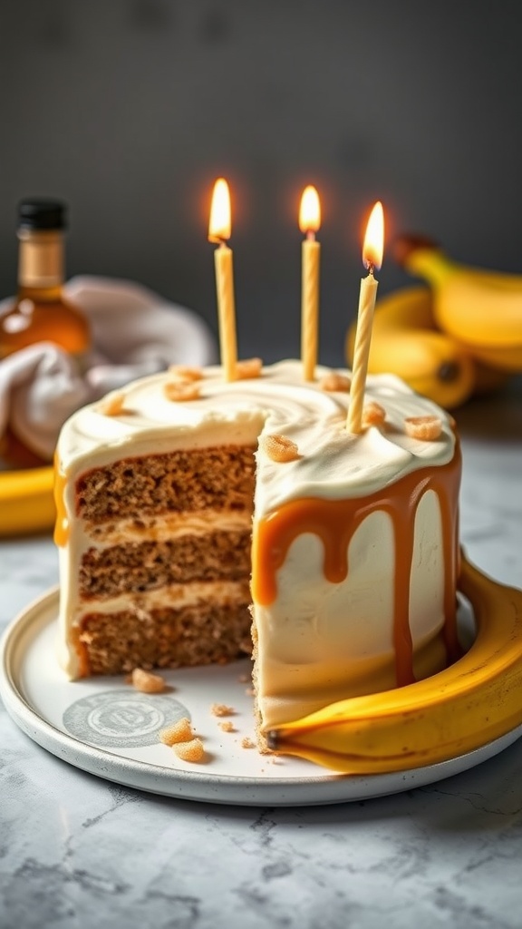 A beautifully layered Banana Foster Cake with bananas and caramel drizzle.