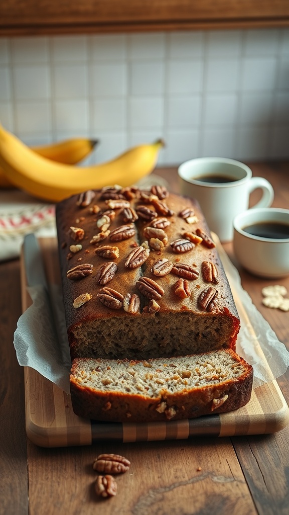 Freshly baked banana nut bread topped with pecans.
