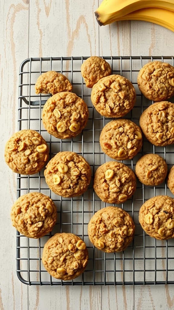 Freshly baked banana oatmeal cookies on a cooling rack