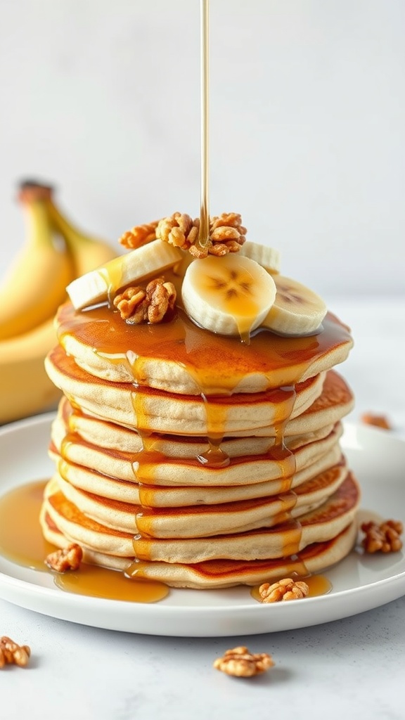 A stack of fluffy banana pancakes drizzled with maple syrup, topped with banana slices and walnuts.