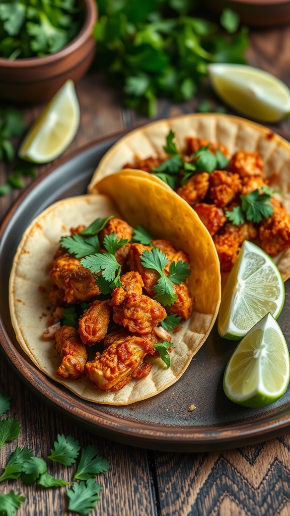 Crispy Bang Bang Chicken tacos with cilantro and lime