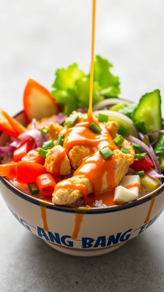 A plate of Bang Bang Chicken salad featuring crispy chicken, fresh greens, and colorful vegetables.