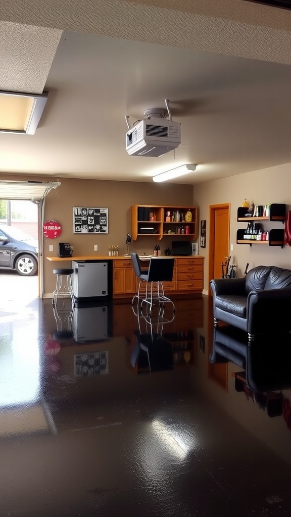 Stylish garage bar area with dark epoxy floor and seating