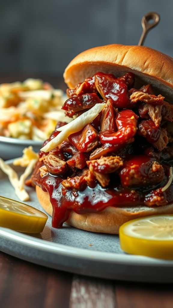 A delicious barbecue pulled pork sandwich served with coleslaw and pickles.
