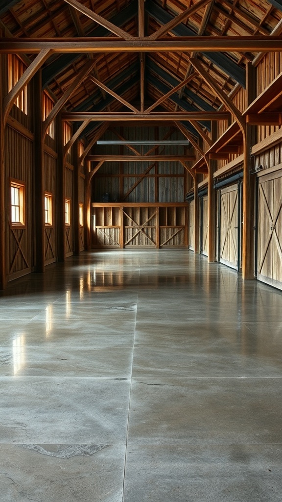 A spacious living room with a barnwood patterned epoxy floor, featuring high ceilings and large windows.