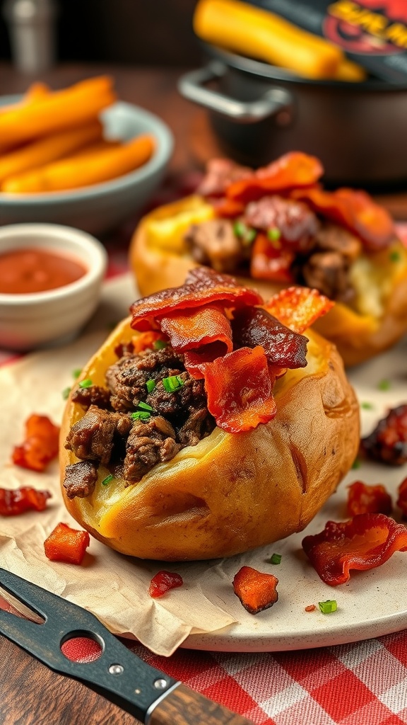 BBQ Beef and Bacon Stuffed Potatoes with cheese and green onions