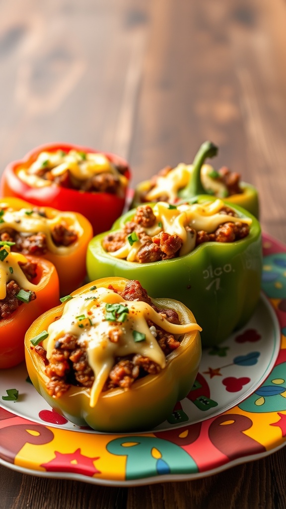 Colorful stuffed peppers filled with BBQ beef and cheese