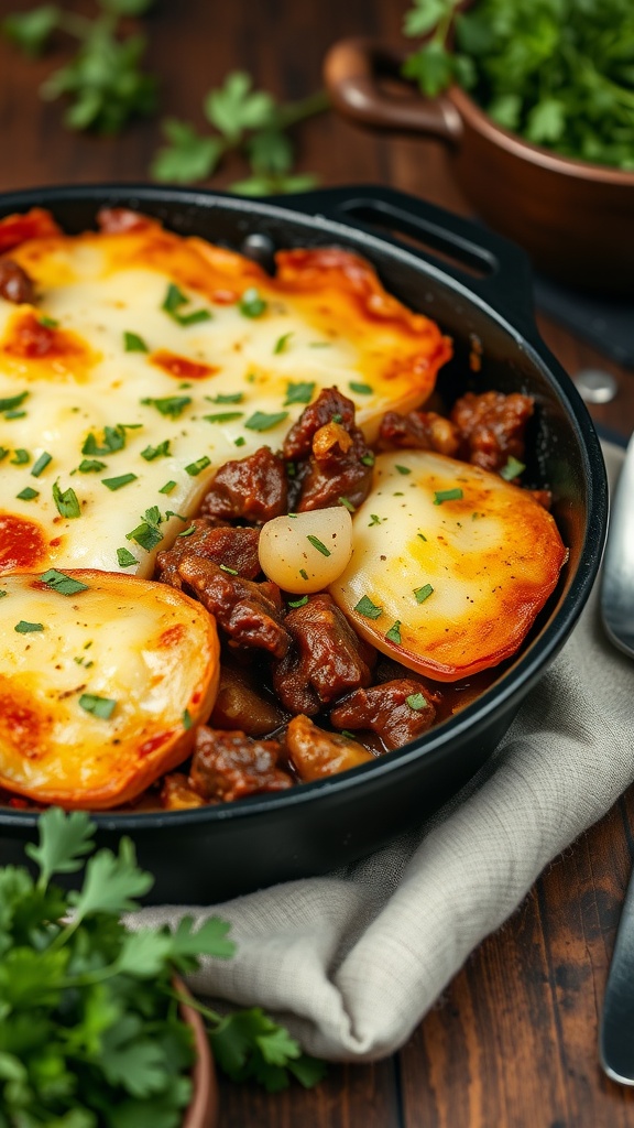 BBQ Beef and Potato Casserole with gooey cheese and garnished with parsley