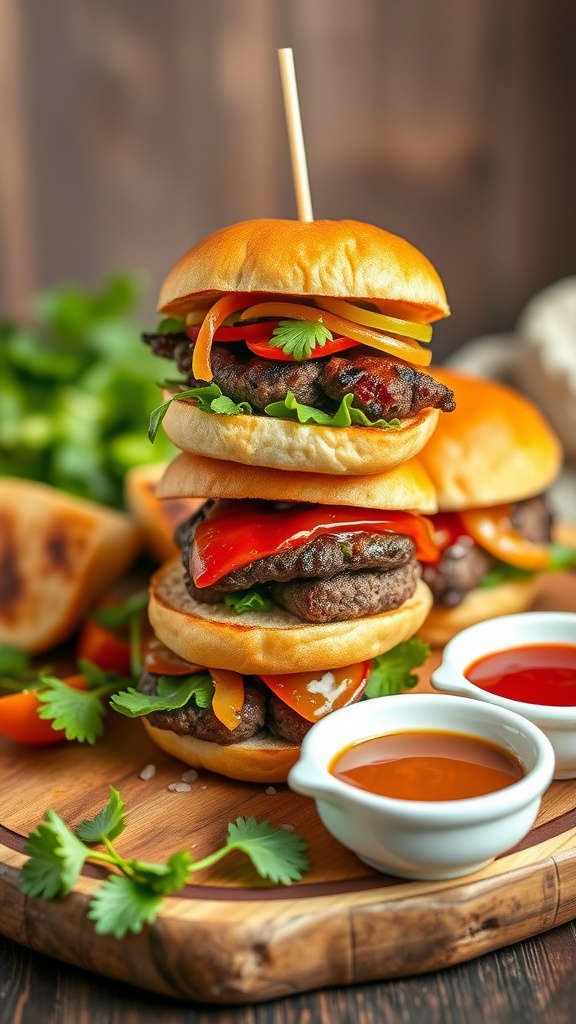 BBQ beef burger sliders stacked with fresh toppings and sauces.